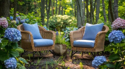 Two Wicker Chairs in Wooded Area