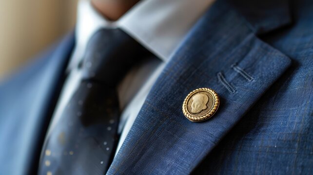 Close-up of suit with decorative pin on lapel