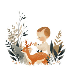 A cute baby boy playing with a deer in a forest surrounded by plants, on a clear background with plants and leaves.