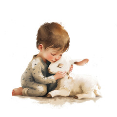 A cute baby boy in pajamas hugging his pet lamb, in the style of a children's book illustration, simple and full color on a clear background, painted in a watercolor style, high resolution.