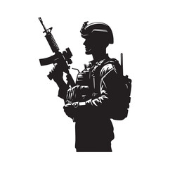 Fototapeta premium Soldier silhouette on a white background. Special army force wearing uniforms. Soldiers standing with assault rifles silhouette.armies with anonymous faces. infantry silhouette collection.