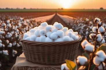 Cotton flowers in a wicker basket stands against the background of a plantation at sunset, harvesting, natural material