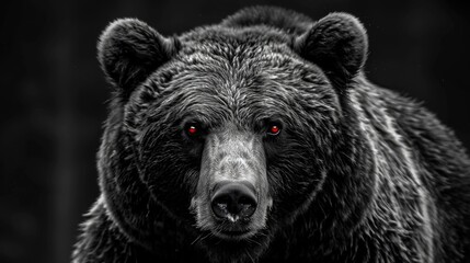 Fototapeta premium Frontal view of a brown bear isolated on a black background. Black and white portrait of a Kamchatka bear with red eyes