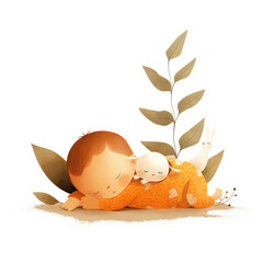  Cute cartoon illustration of a sleeping baby with a little white rabbit and leaves, wearing an orange outfit and set against pastel colors, in the digital art style of clipart.