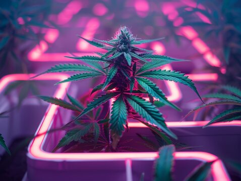 Legal barriers visualized as a maze around a cannabis plant, conceptual art style , neon light