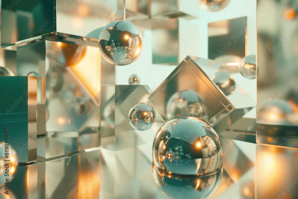 Fototapete abstract composition of floating geometric shapes, including spheres and cubes, in a zero-gravity en