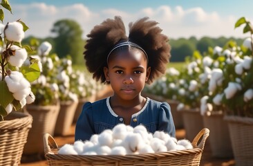 Black little girl of 8-12 years old in blue dress sits with basket full of cotton flowers on background of plantation, harvesting, child labor, symbol of white gold, tenderness, natural material