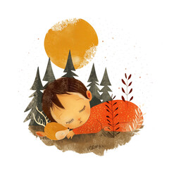A cute little boy sleeps in the forest, next to trees and leaves. The image uses warm colors in the style of a children's book illustration with a simple flat drawing on a clear background.