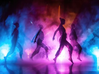 Dance Performance Dynamic lighting with colored gels and fog effects, highlighting the movement of dancers