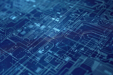 High-tech blueprint style, featuring a network of electronic circuits and nodes on a blueprint paper texture. Hues of blue and white with a translucent paper effect.