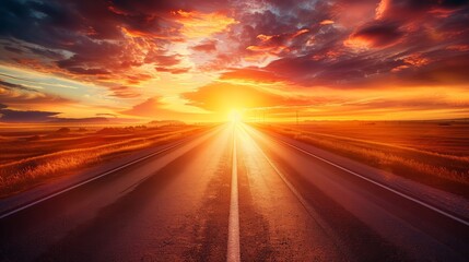 Open road at sunset, a deserted highway into the horizon, sky ablaze, a spirit of freedom.
