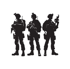 Soldier silhouette on a white background. Special army force wearing uniforms. Soldiers standing with assault rifles silhouette.armies with anonymous faces. infantry silhouette collection.