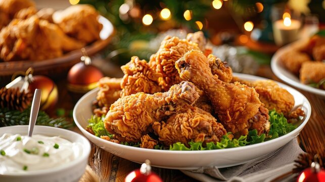 Plate of spicy fried chicken with a crispy golden crust, served with cooling ranch dip on a festive table