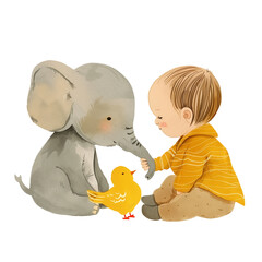 A cute baby elephant and yellow duck playing together with an adorable little boy wearing a short-sleeved shirt in the style of storybook illustration watercolor isolated on a clear background.