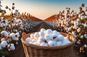 Cotton flowers in a wicker basket stands against the background of a plantation along the rows at sunrise or sunset, harvesting, natural material, symbol of white gold
