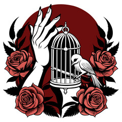 vector illustration of skeletal hands holding an open birdcage, surrounded by vibrant red roses and green leaves, set against a dark background