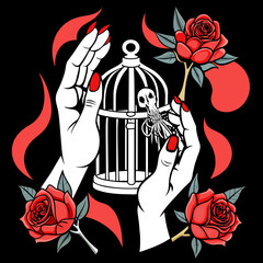 vector illustration of skeletal hands holding an open birdcage, surrounded by vibrant red roses and green leaves, set against a dark background