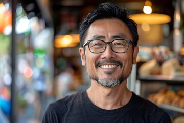 Fototapeta premium Man Smiling in Front of Cafe