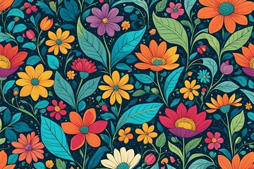 Colorful floral pattern in cartoon style. flowers and leaves with playful features seamless pattern background