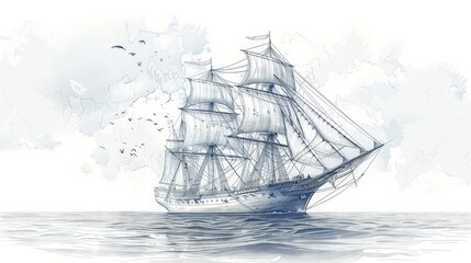 An elegant line art drawing of a majestic sailing ship gliding across a calm ocean, capturing the romance and adventure of seafaring voyages.