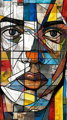 Colorful mosaic portrait of a man with intense gaze