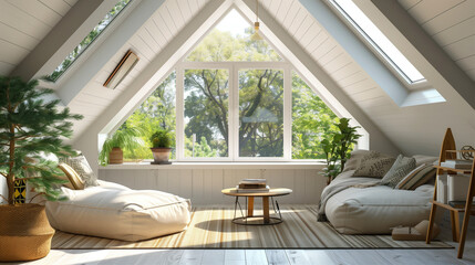 Cozy a-frame attic sitting area with summer greenery view