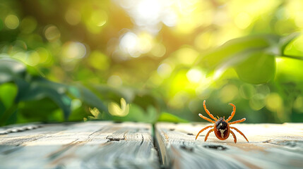 Naklejka premium Close-up of a tick on a wooden surface with green foliage in the background