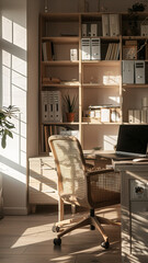 Minimal home office with warm sunlight and natural decor
