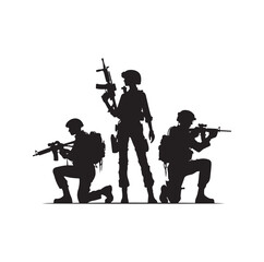 Soldier silhouette on a white background. Special army force wearing uniforms. Soldiers standing with assault rifles silhouette.armies with anonymous faces. infantry silhouette collection.