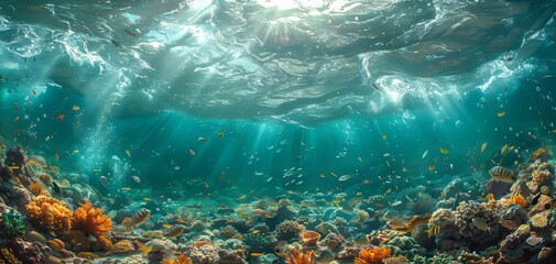 Beautiful underwater scene featuring colorful coral reefs and vibrant marine life illuminated by sunlight through crystal clear water.