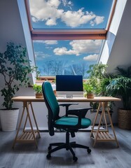Beautiful minimalist natural office for working from home with green plants and a large skylight window letting in light.