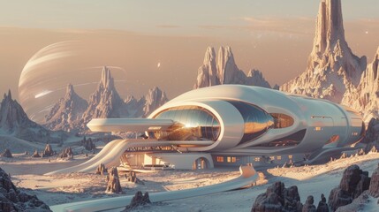 Futuristic house on alien planet, space expansion concept, cosmic colonisation