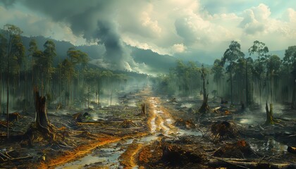 Deforestation in lush forest with heavy clouds and smoke. Destruction showcasing environmental impact and forest degradation.