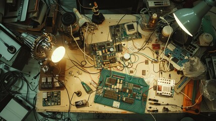 cluttered workbench filled with various electronic components, circuit boards, tools, and wires, indicating a busy electronics repair