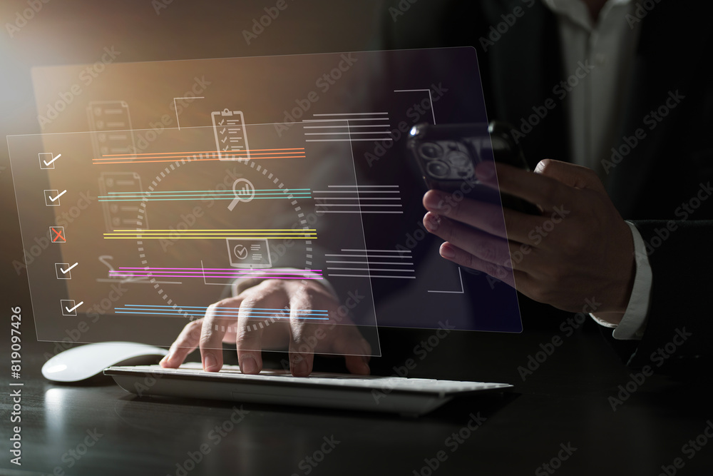 Poster Man with checkbox. Concept checklist online survey business Efficient document form project management, businessman using smartphone Online survey filling out, digital form checklist.