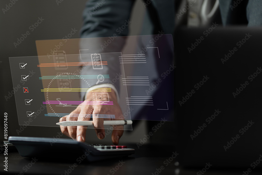 Poster Man with checkbox. Concept checklist online survey business Efficient document form project management, businessman using smartphone Online survey filling out, digital form checklist.