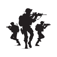 Soldier silhouette on a white background. Special army force wearing uniforms. Soldiers standing with assault rifles silhouette.armies with anonymous faces. infantry silhouette collection.
