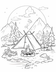 camping coloring page, Landscape.Coloring book anti stress for children and adults