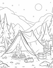 camping coloring page, Landscape.Coloring book anti stress for children and adults