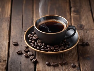 Hot black coffee with a cup of smoke and coffee beans placed On old wooden floor