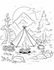 camping coloring page, Landscape.Coloring book anti stress for children and adults