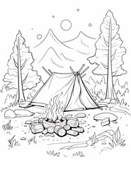 camping coloring page, Landscape.Coloring book anti stress for children and adults