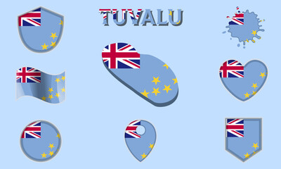 Collection of flat national flags of Tuvalu with map