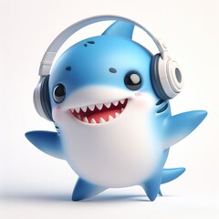 cute 3D funny cartoon Shark with small wireless headphone on head smiling and dancing, white background