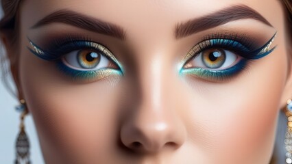 Naklejka premium An extreme close-up of a woman's eyes with dramatic makeup, featuring bold eyeliner and gold eyeshadow. The image emphasizes her striking, captivating gaze and artistic makeup application