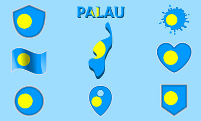 Collection of flat national flags of Palau with map