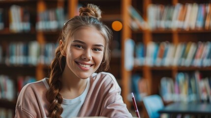 Happy teen learning at library