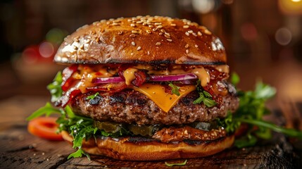 A mouthwatering photo of a juicy hamburger stacked with fresh ingredients and oozing with melted cheese, perfect for food photography and restaurant promotions.