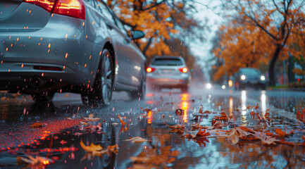 Car Driving Down Rainy Street With Autumn Leaves