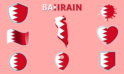 Obraz premium Collection of flat national flags of Bahrain with map